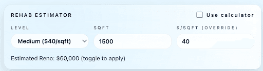 Rehab estimator with adjustable line items and contingency.